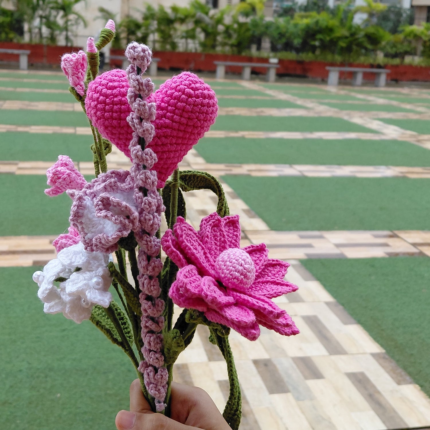 Handmade crochet flower bouquet with pink heart plushie, white and pink flowers, eco-friendly romantic gift for décor and occasions.