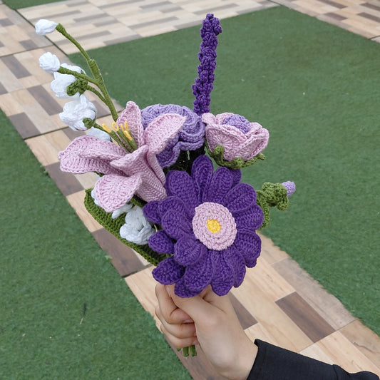 Crochet bouquet of purple and pink flowers, handcrafted with yarn, sustainable alternative to fresh flowers for weddings and gifting.