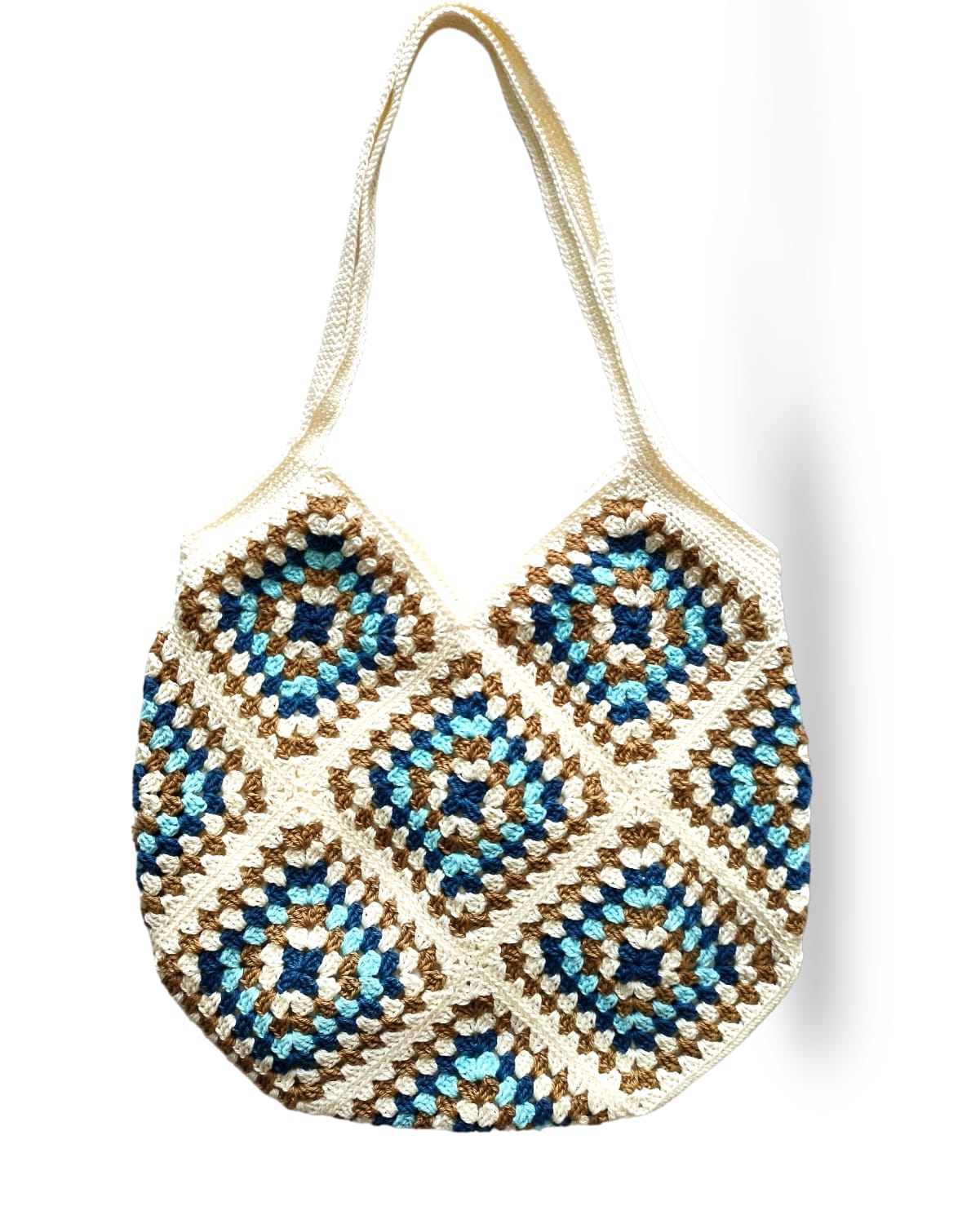 Handcrafted crochet tote bag with multicolor granny squares, sustainable fashion handbag for women.